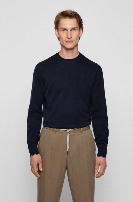 Structured-silk regular-fit sweater with contrast tipping, Dark Blue
