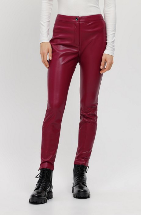 Slim-fit trousers in faux leather with zipped hems, Red