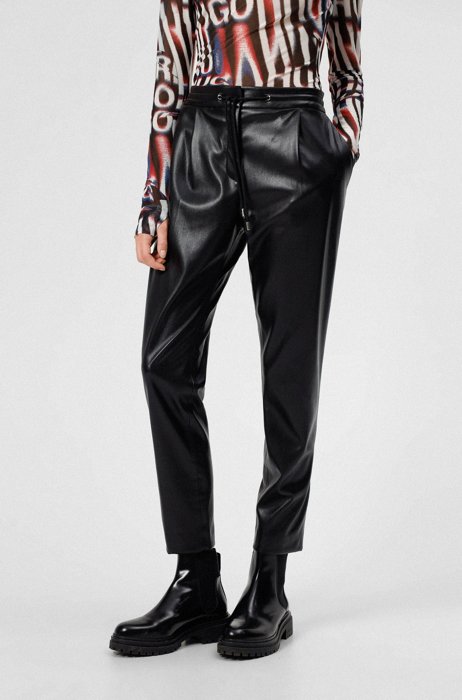 Regular-fit trousers in faux leather with drawstring waist, Black