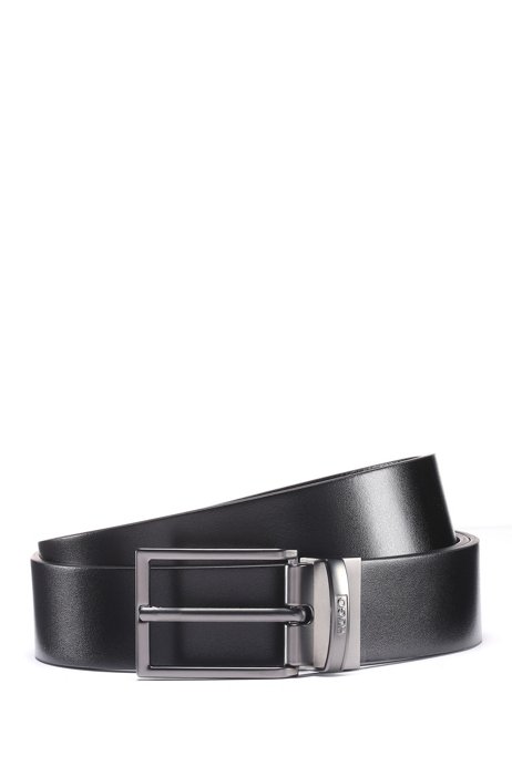 Reversible leather belt with plaque and pin buckles, Black