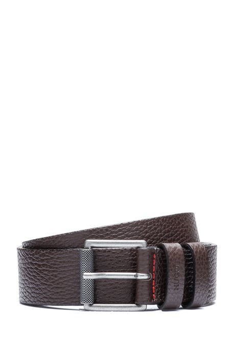 Double-keeper belt in grained Italian leather, Dark Brown