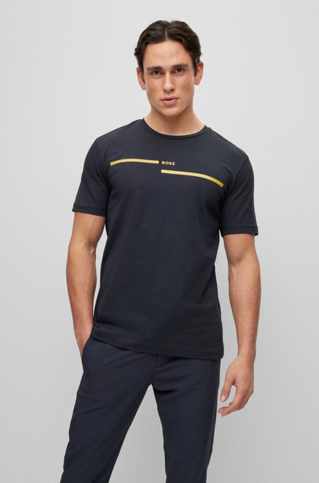 Camiseta regular fit en algodón elástico con logo estampado, Azul oscuro