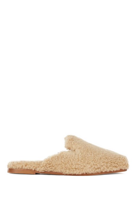 Slippers in faux teddy fabric with monogrammed outsole, Light Beige