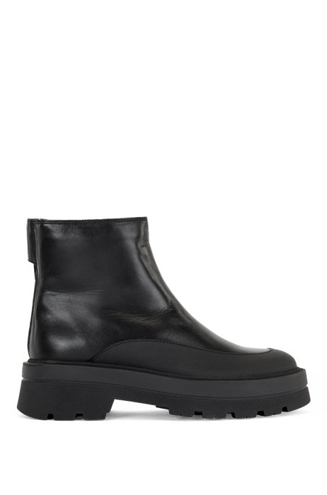 Italian-leather ankle boots with rear zip and lug sole, Black