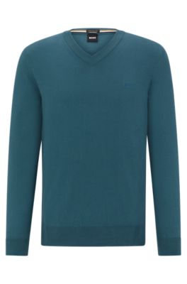 HUGO BOSS V-NECK SWEATER IN ORGANIC COTTON WITH EMBROIDERED LOGO
