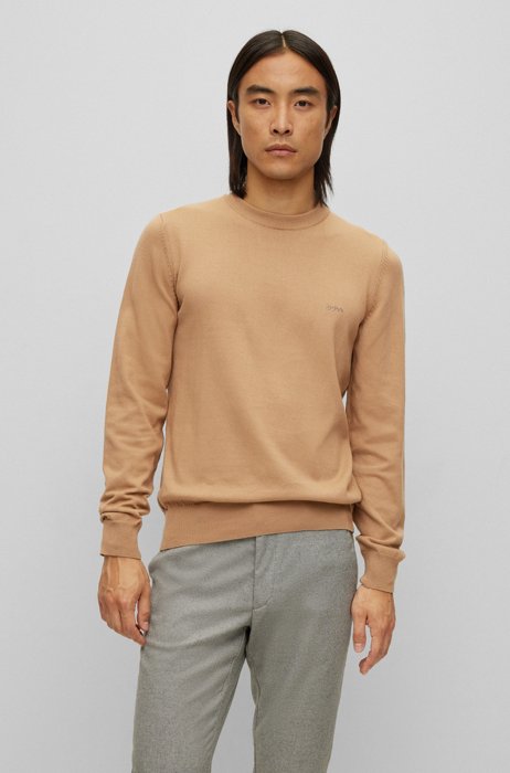 Pure-cotton regular-fit sweater with embroidered logo, Beige