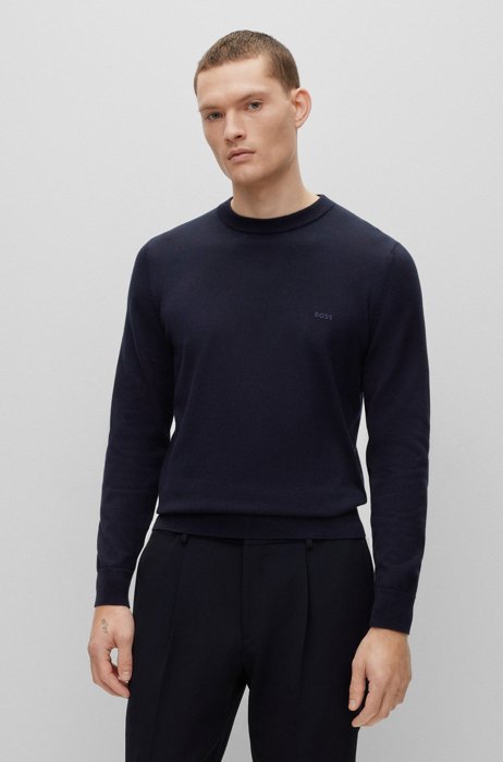 Pure-cotton regular-fit sweater with embroidered logo, Dark Blue