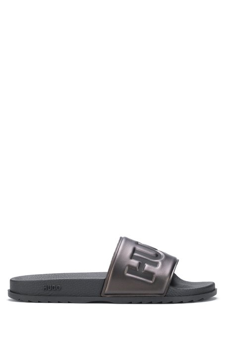 Italian-made slides with embossed contrast logo, Grey
