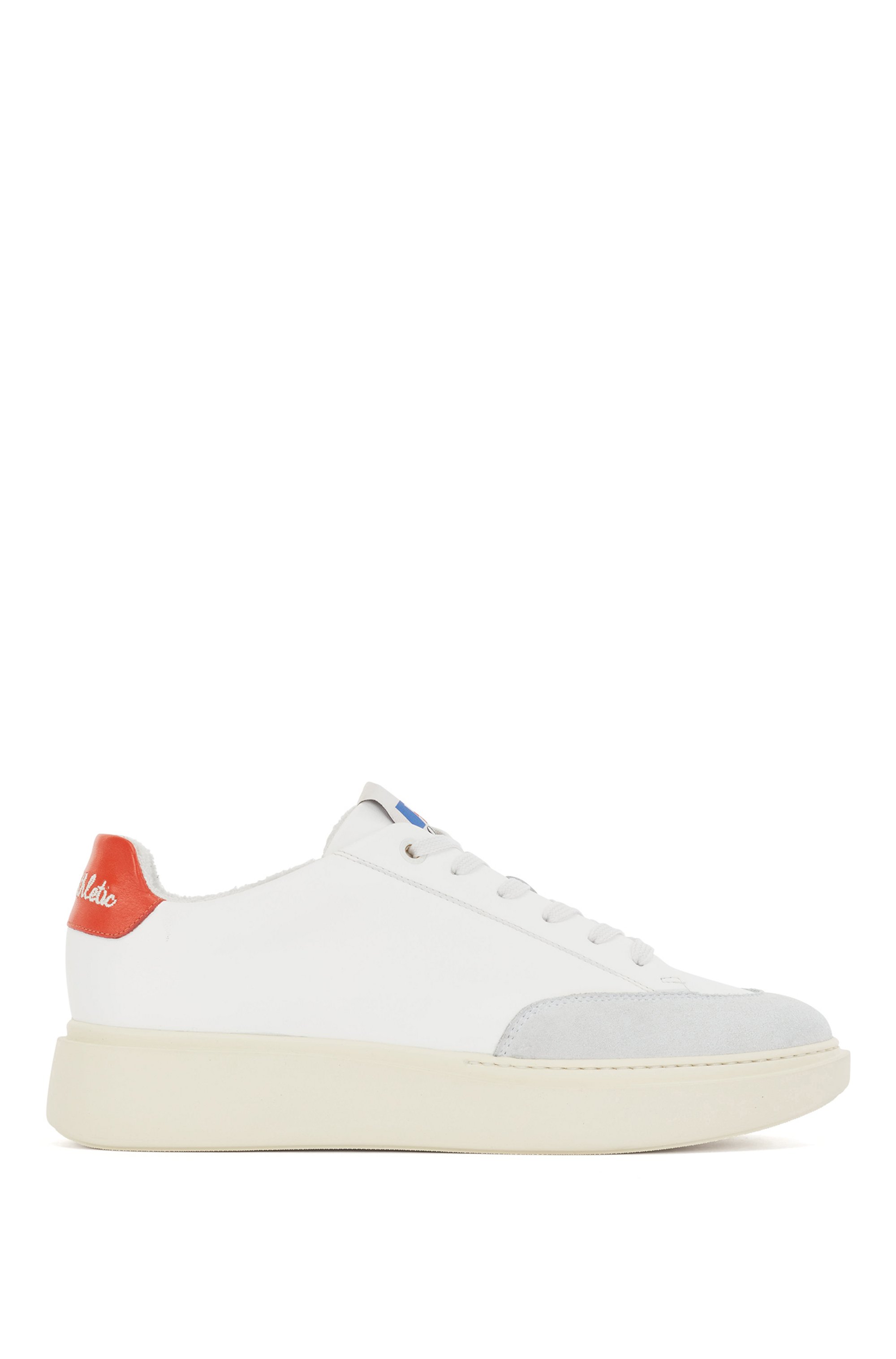 Faux-leather trainers with suede trims and collaborative branding, White