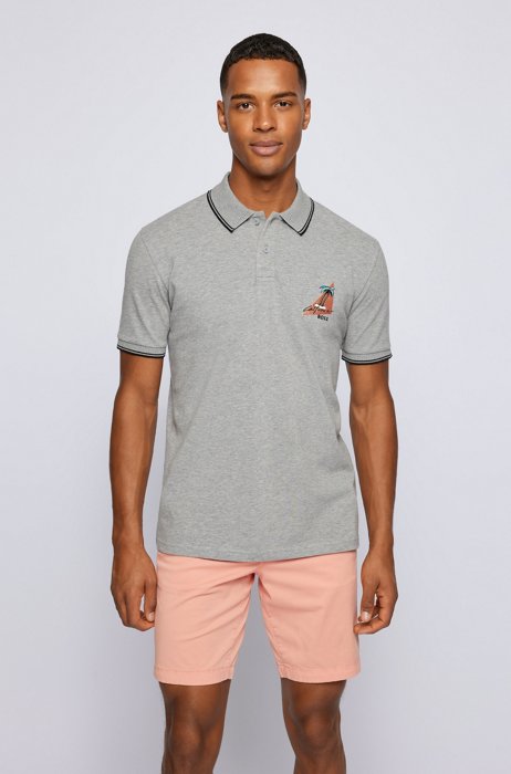 Stretch-cotton polo shirt with summery logo embroidery, Light Grey