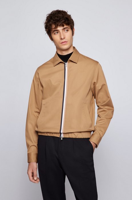 Cotton regular-fit overshirt with signature-stripe zip, Beige