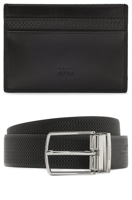 Gift-boxed belt and card holder in leather, Black