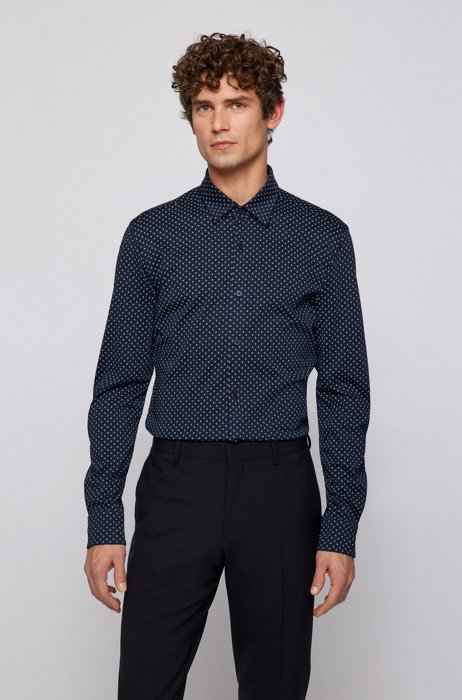 Slim-fit shirt in a patterned cotton blend, Dark Blue