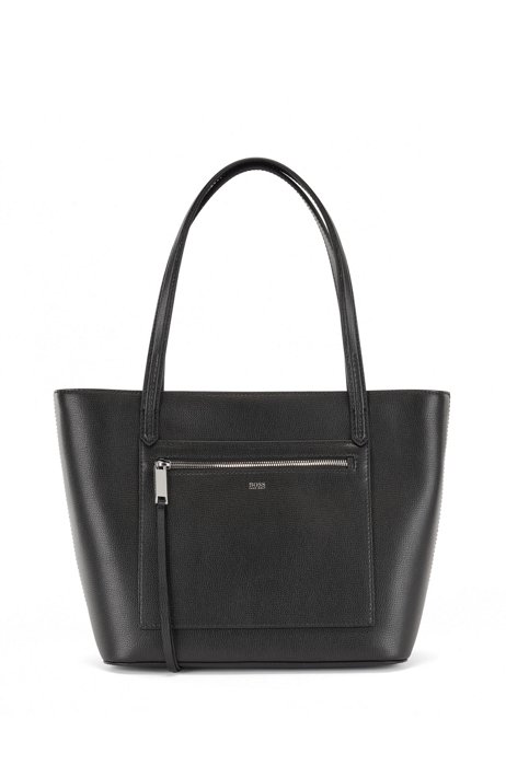 Medium shopper bag in leather with foil-print logo, Black