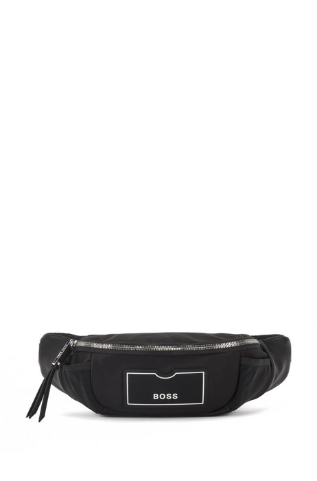 Belt bag in satin-touch fabric with logo patch, Black