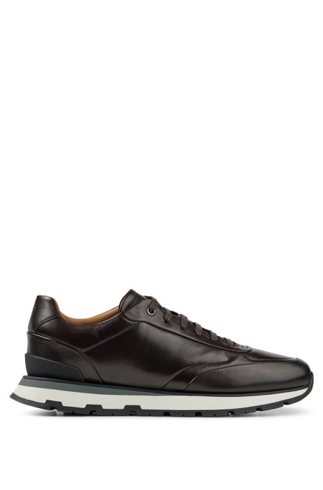 Lace-up trainers in Italian leather with burnished effect, Dark Brown