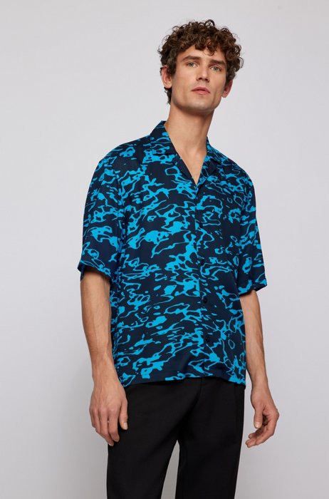 Regular-fit short-sleeved shirt in printed twill, Dark Blue