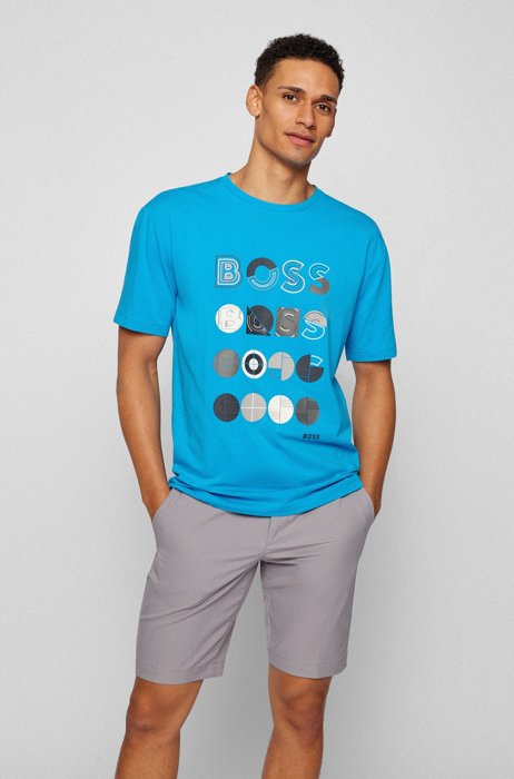 Stretch-cotton relaxed-fit T-shirt with logo artwork, Light Blue