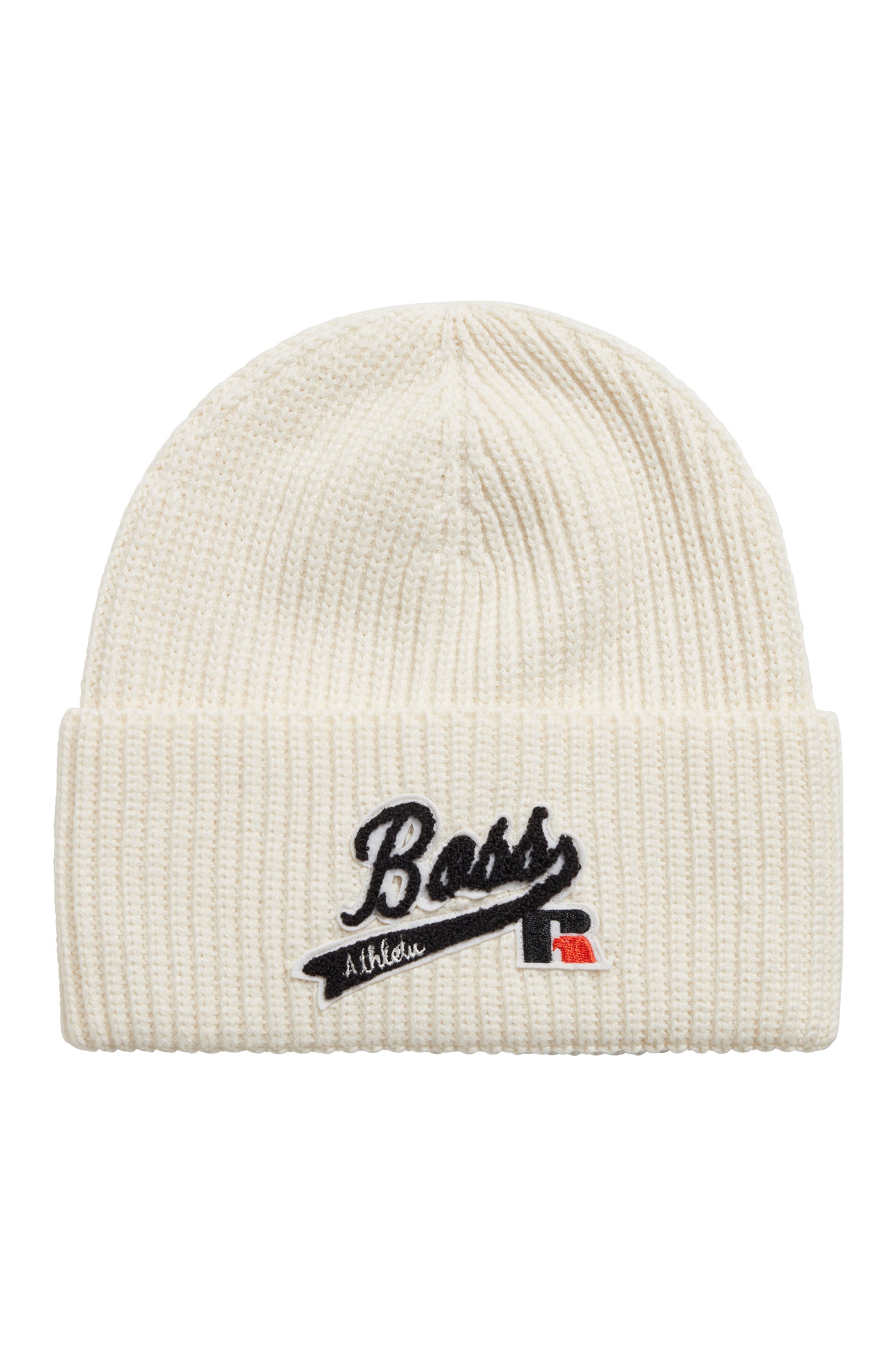 Knitted beanie hat with embroidered logo patch, White