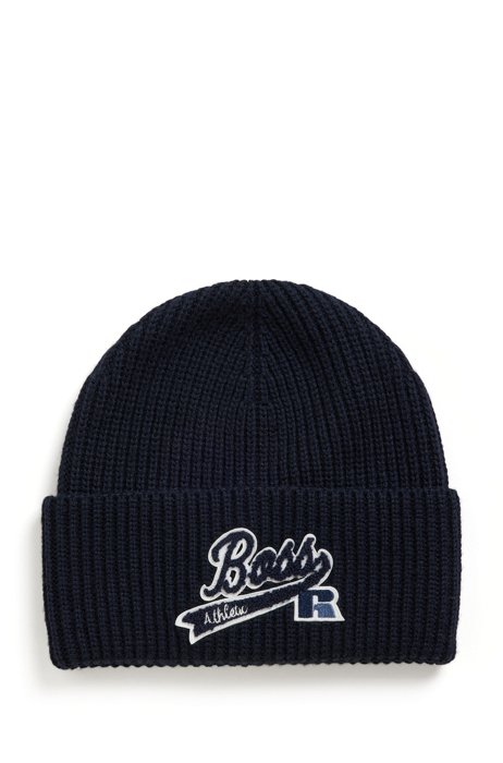 Knitted beanie hat with embroidered logo patch, Dark Blue
