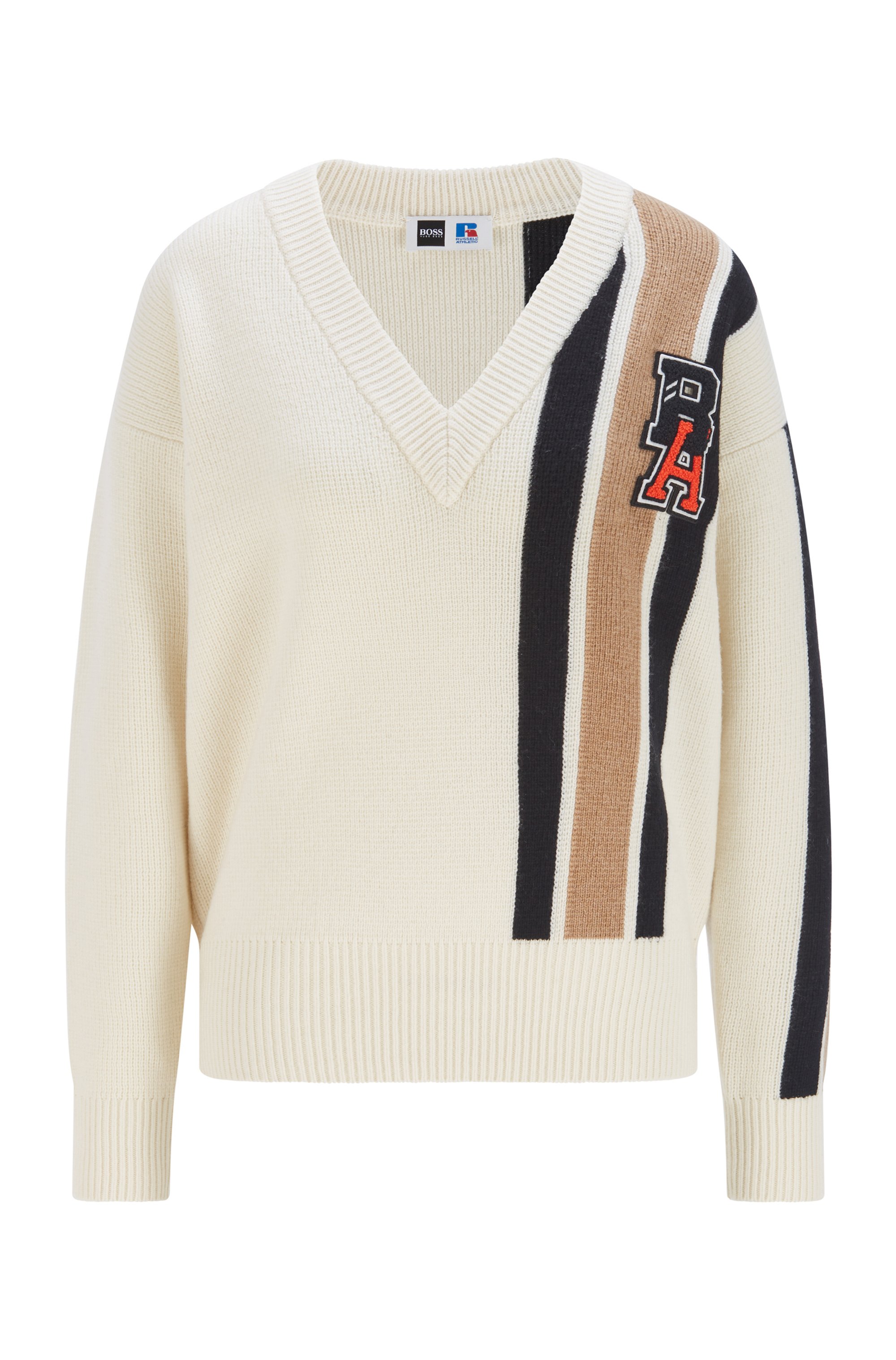 Wool-cashmere sweater with stripes and exclusive logo patch, White