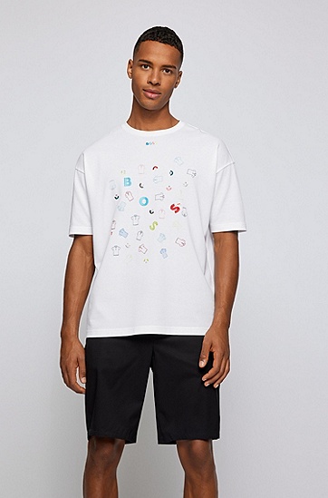 混合工艺艺术图案宽松版型棉质 T 恤,  100_White