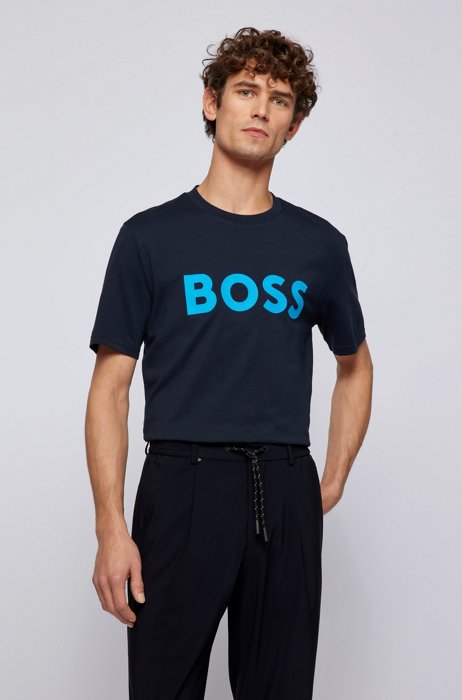 Camiseta de mezcla de algodón con logo estampado de diseño gráfico, Azul oscuro