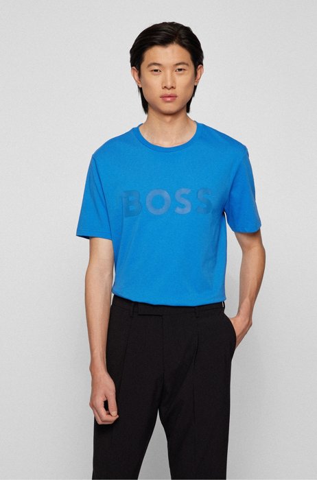 T-shirt en coton mélangé avec logo imprimé graphique, Bleu