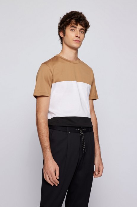 Cotton T-shirt with linked block panels, Beige