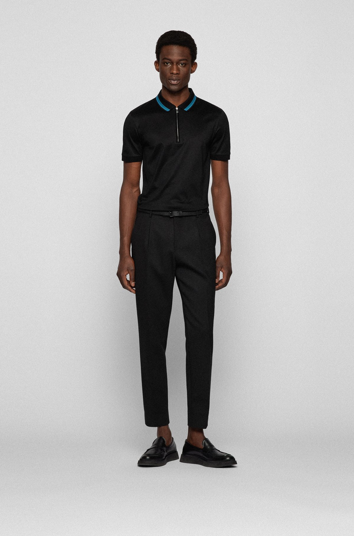 Mercerised-cotton slim-fit polo shirt with zip placket, Black