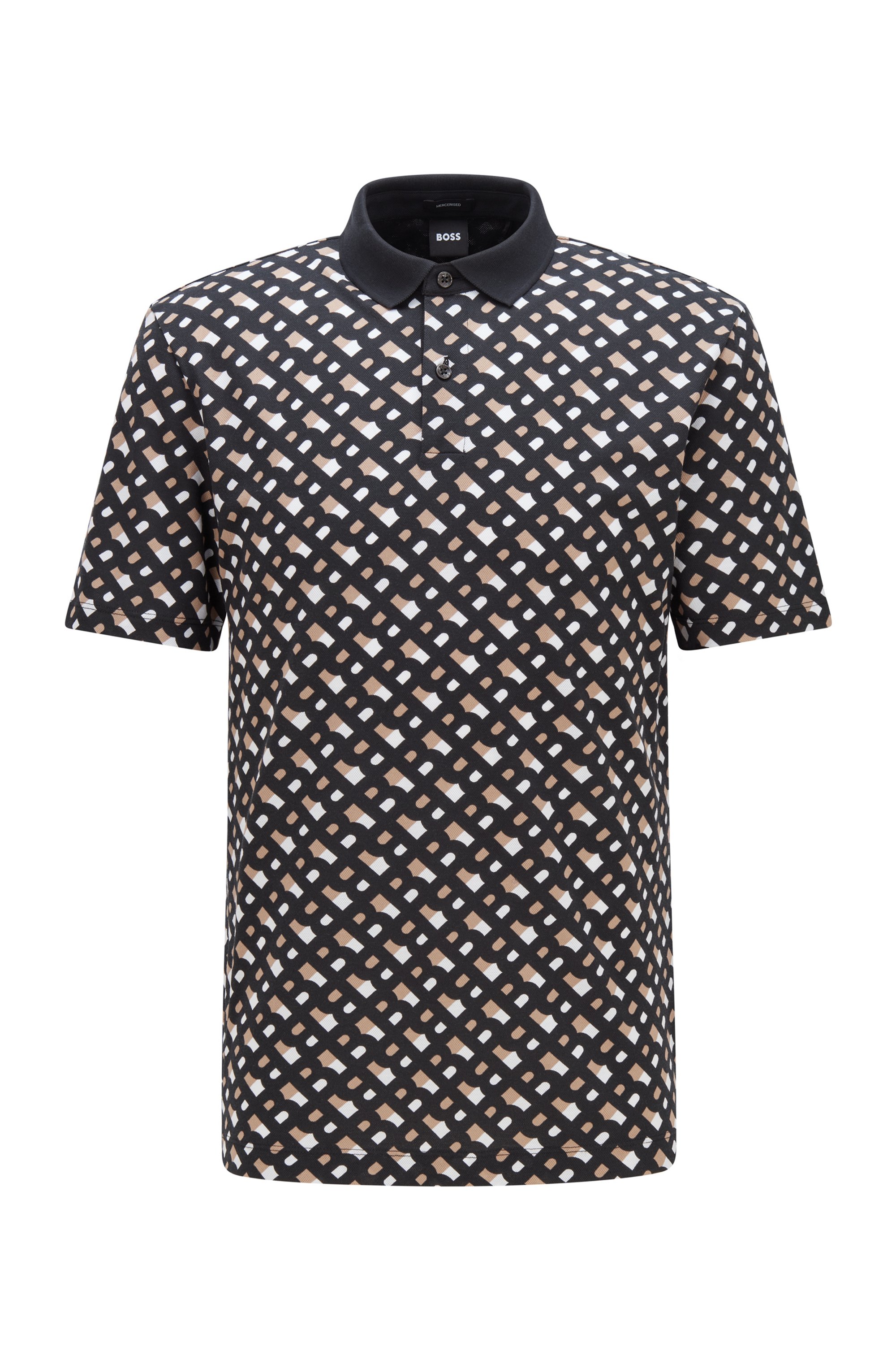 Mercerised-cotton-piqué polo shirt with new-season print, Black