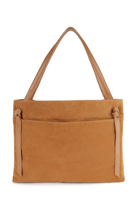Suede shoulder bag with knotted-leather trims, Light Brown