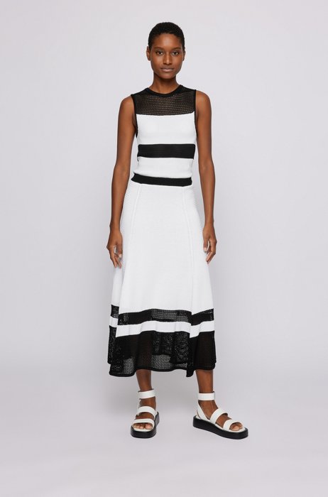Sleeveless crew-neck dress with striped structure, White