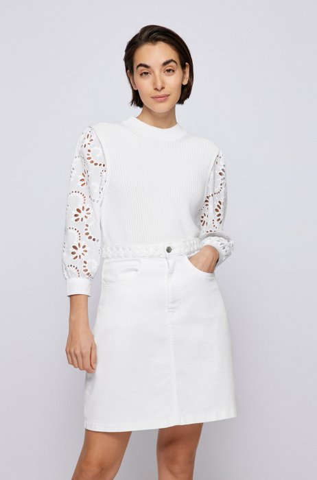 Relaxed-fit ribbed sweater with sleeves in broderie anglaise, White