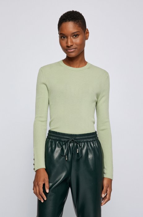 Slim-fit sweater with merino wool and button trims, Light Green