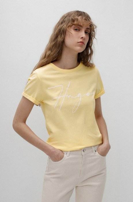 Organic-cotton slim-fit T-shirt with handwritten logo, Light Yellow