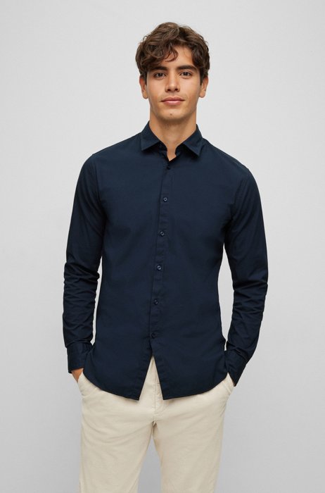 Slim-fit shirt in stretch-cotton poplin, Dark Blue