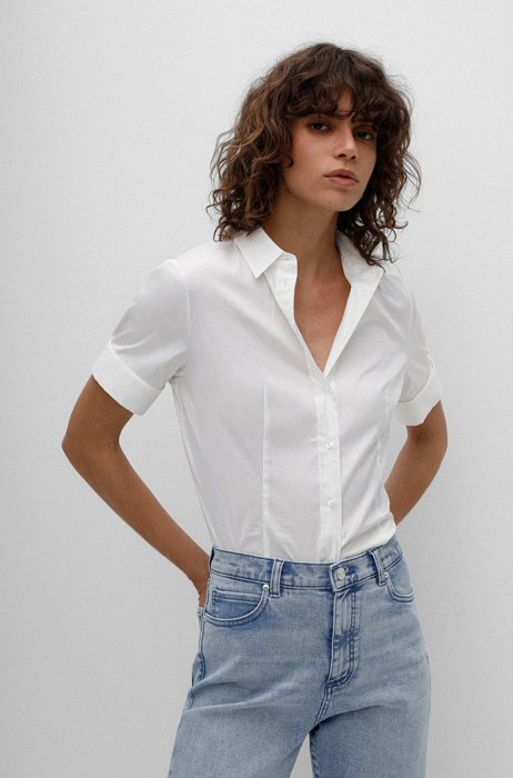 Slim-fit blouse in easy-iron cotton-blend poplin, White