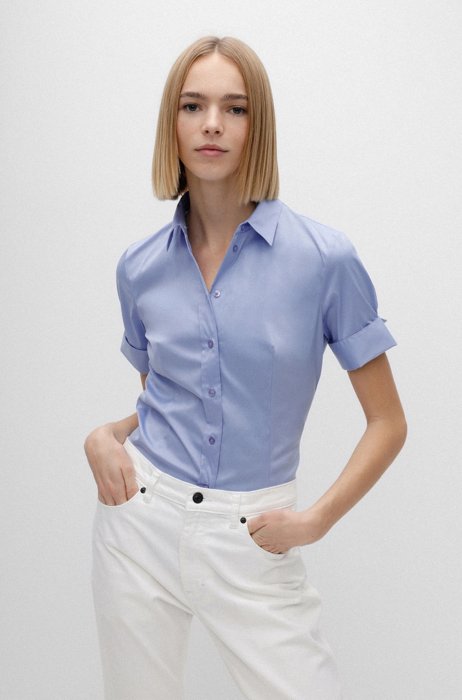 Slim-fit blouse in easy-iron cotton-blend poplin, Blue