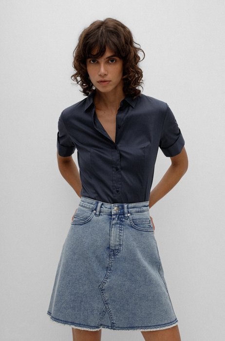 Slim-fit blouse in easy-iron cotton-blend poplin, Dark Blue
