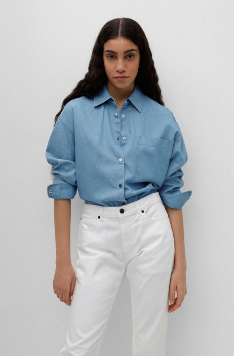 Oversized-fit denim blouse with pocket logo, Blue