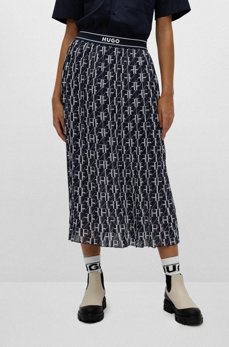 Plissé-chiffon regular-fit skirt with monogram print, Blue Patterned