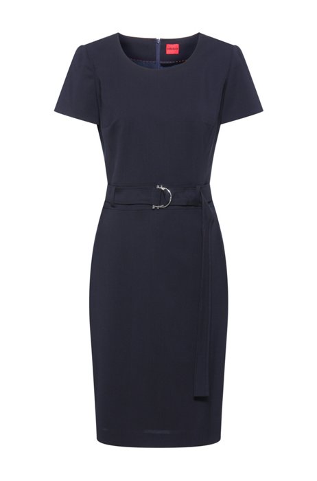 Slim-fit belted business dress in stretch wool, Dark Blue