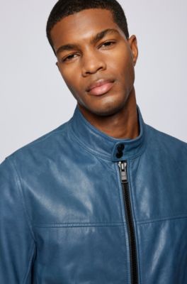 blue leather jacket
