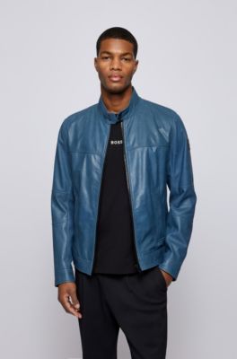 blue leather jacket