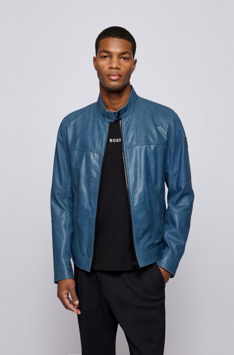 Slim-fit biker jacket in hand-treated leather, Blue