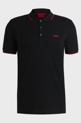 Stretch-cotton slim-fit polo shirt with contrast trims, Black