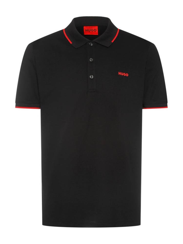 Artikel klicken und genauer betrachten! - Schmal geschnittenes HUGO Poloshirt aus elastischem Baumwoll-Piqué. Sportiver Style mit Logo-Print auf der Brust und kontrastfarbenen Einfassungen. | im Online Shop kaufen