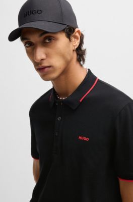 Stretch-cotton slim-fit polo shirt with contrast trims, Black