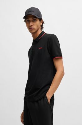 Stretch-cotton slim-fit polo shirt with contrast trims, Black